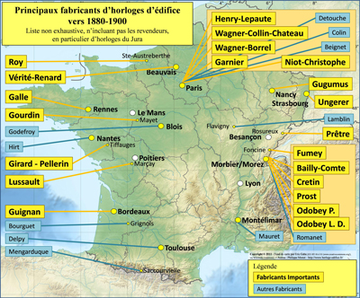 Carte des horlogers de France vers 1900